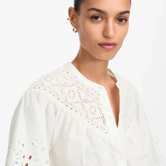 MADEWELL Embroidered Shirred Henley Lace Top Size Medium - Picture 2 of 4